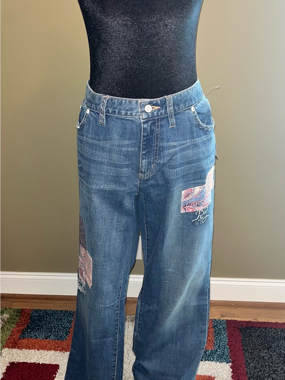 Lauren Ralph Lauren Wide Leg Embroidered Patch Blue Jeans